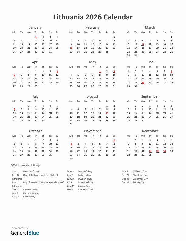 2026 Yearly Calendar Printable With Lithuania Holidays