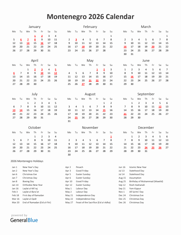2026 Yearly Calendar Printable With Montenegro Holidays