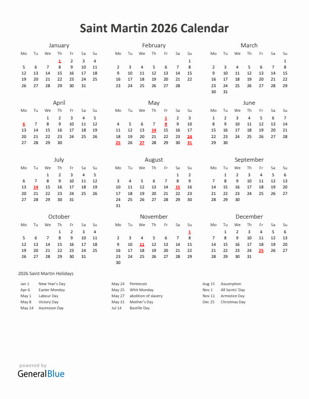 2026 Yearly Calendar Printable With Saint Martin Holidays