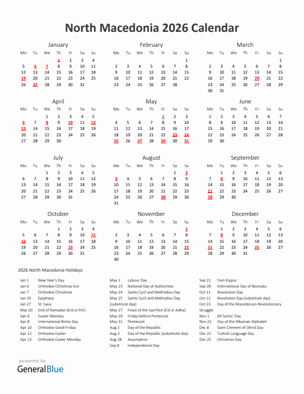 2026 Yearly Calendar Printable With North Macedonia Holidays