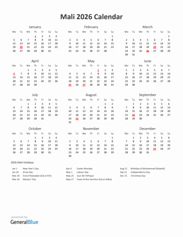 2026 Yearly Calendar Printable With Mali Holidays