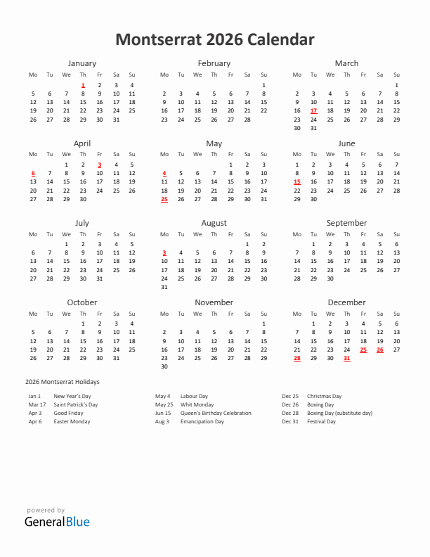 2026 Yearly Calendar Printable With Montserrat Holidays