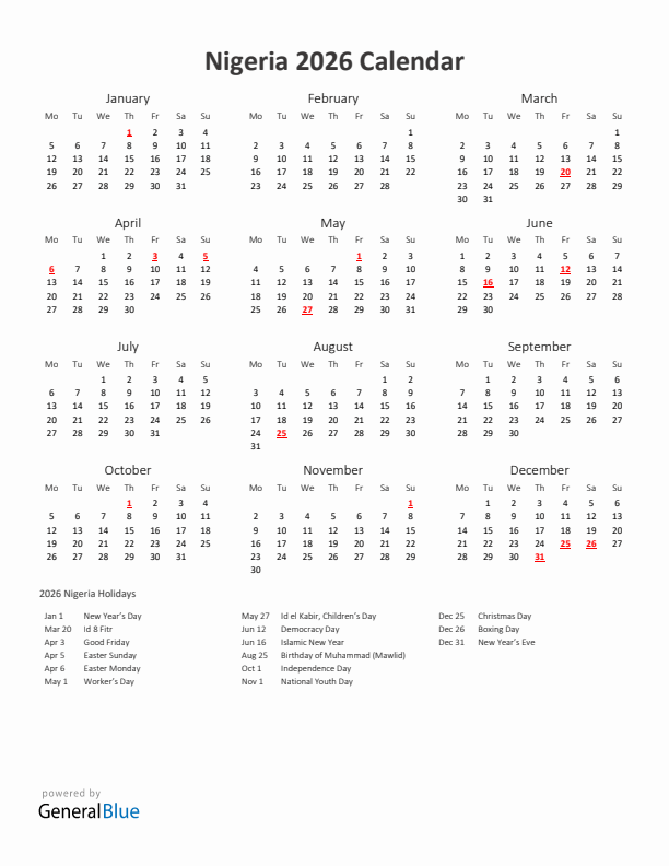 2026 Yearly Calendar Printable With Nigeria Holidays