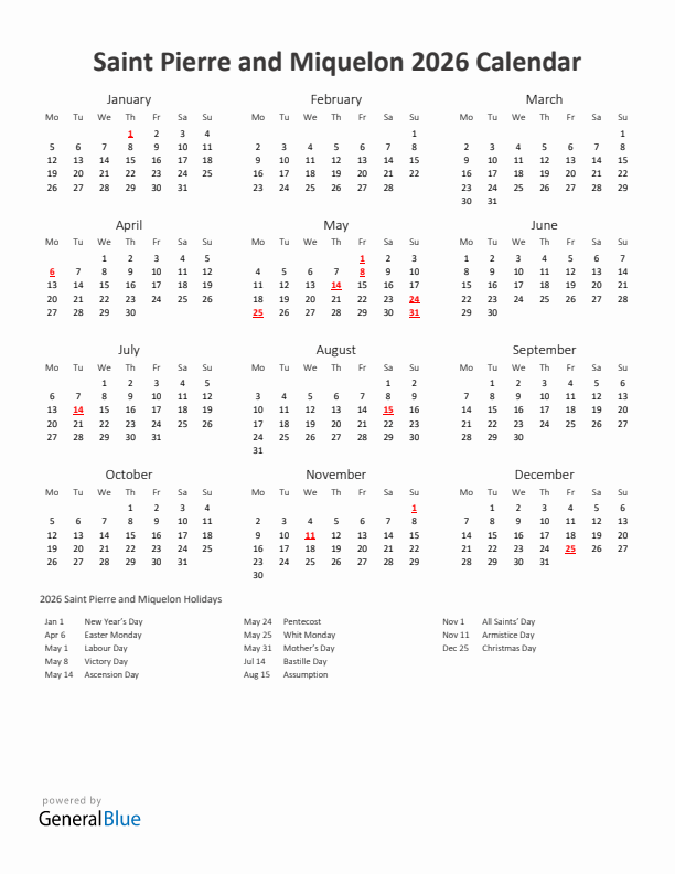 2026 Yearly Calendar Printable With Saint Pierre and Miquelon Holidays