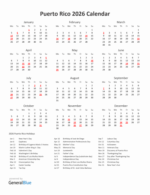 2026 Yearly Calendar Printable With Puerto Rico Holidays