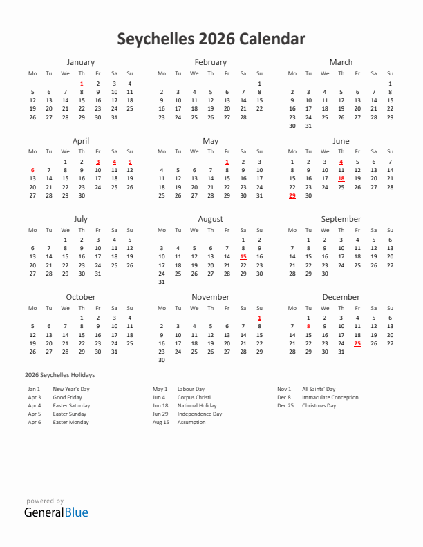 2026 Yearly Calendar Printable With Seychelles Holidays
