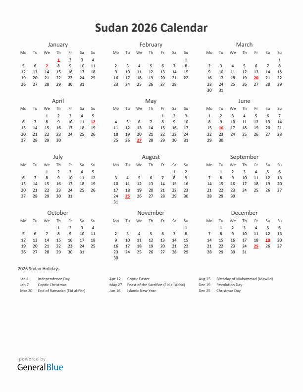 2026 Yearly Calendar Printable With Sudan Holidays