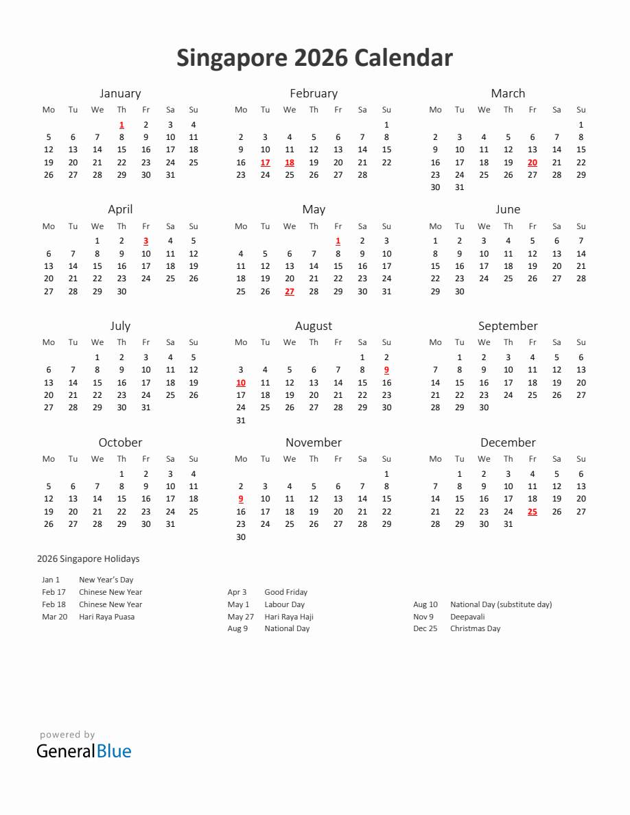 2026 Yearly Calendar Printable With Singapore Holidays - Monday Start