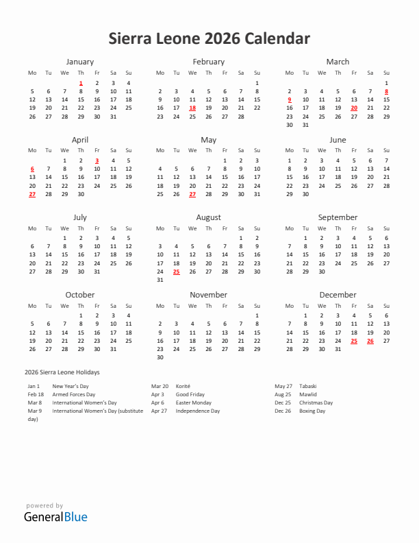 2026 Yearly Calendar Printable With Sierra Leone Holidays