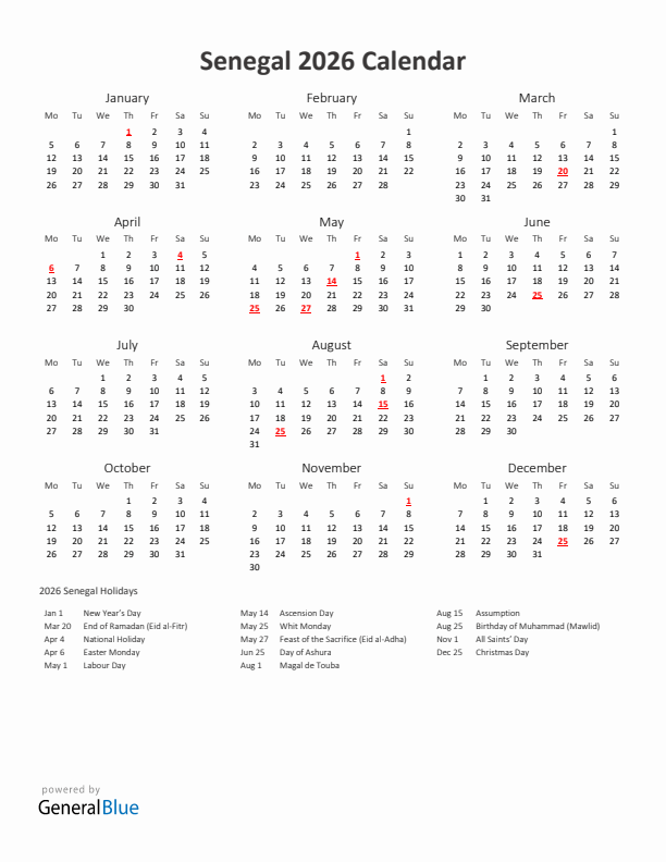 2026 Yearly Calendar Printable With Senegal Holidays