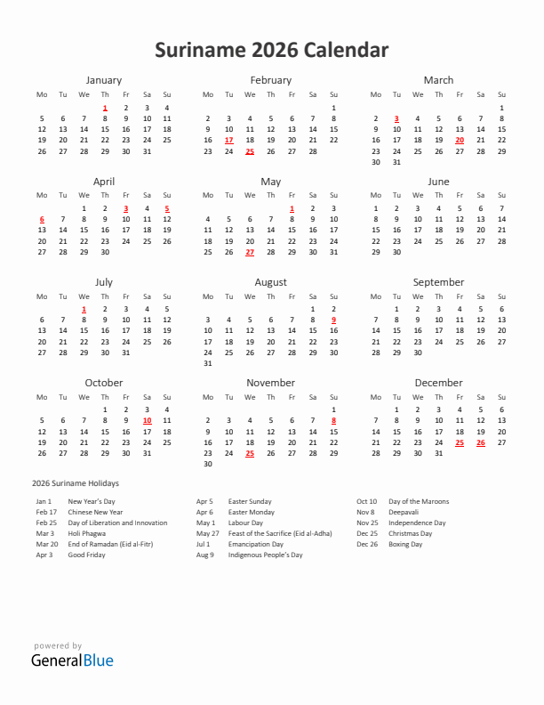 2026 Yearly Calendar Printable With Suriname Holidays