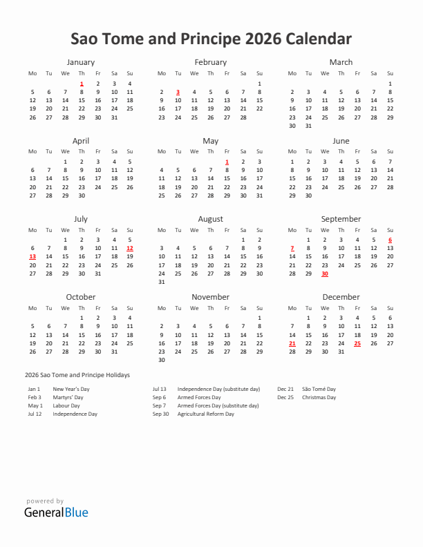2026 Yearly Calendar Printable With Sao Tome and Principe Holidays