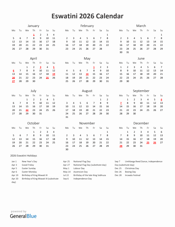 2026 Yearly Calendar Printable With Eswatini Holidays