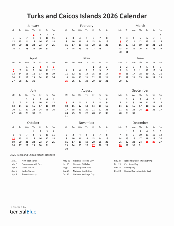 2026 Yearly Calendar Printable With Turks and Caicos Islands Holidays