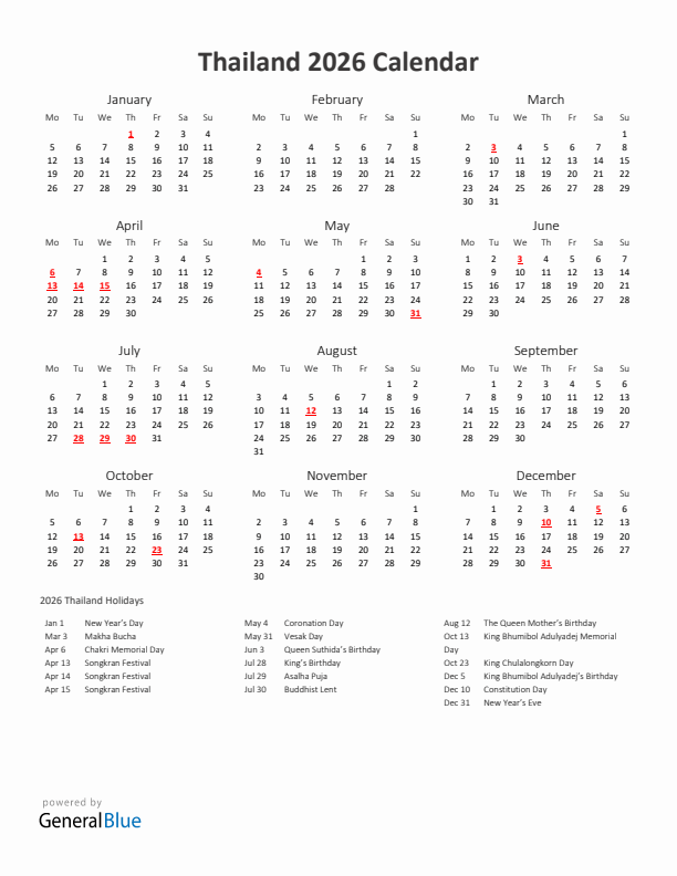 2026 Yearly Calendar Printable With Thailand Holidays