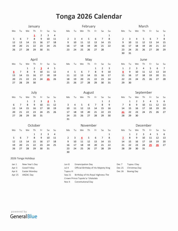 2026 Yearly Calendar Printable With Tonga Holidays