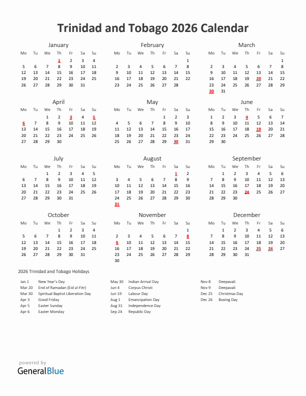 2026 Yearly Calendar Printable With Trinidad and Tobago Holidays