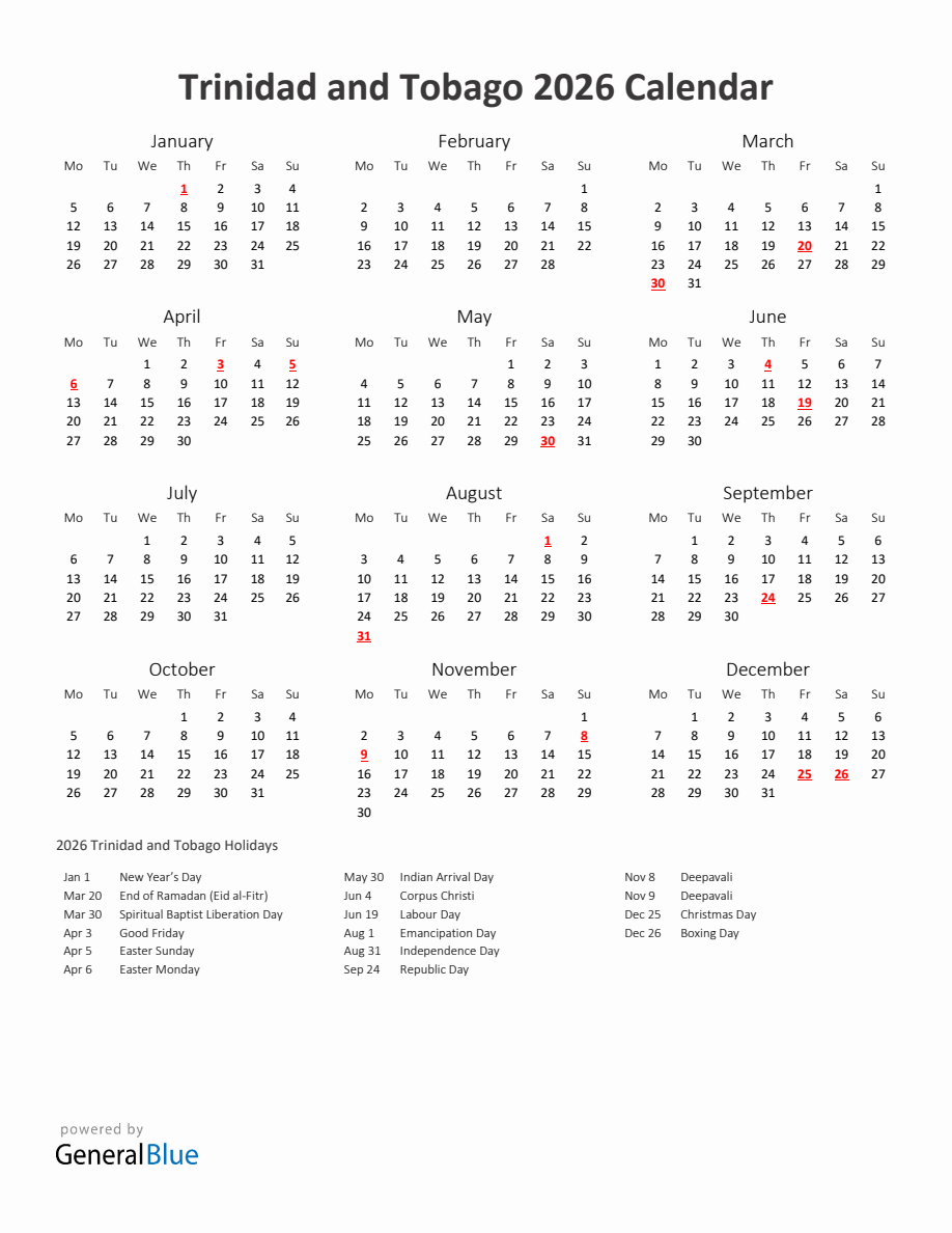 2026 Yearly Calendar Printable With Trinidad and Tobago Holidays ...