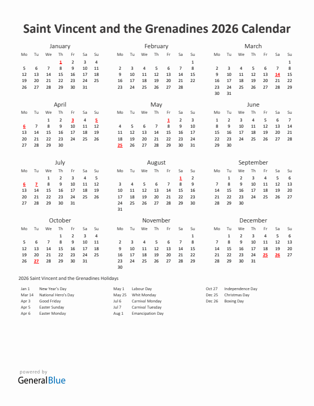 2026 Yearly Calendar Printable With Saint Vincent and the Grenadines Holidays