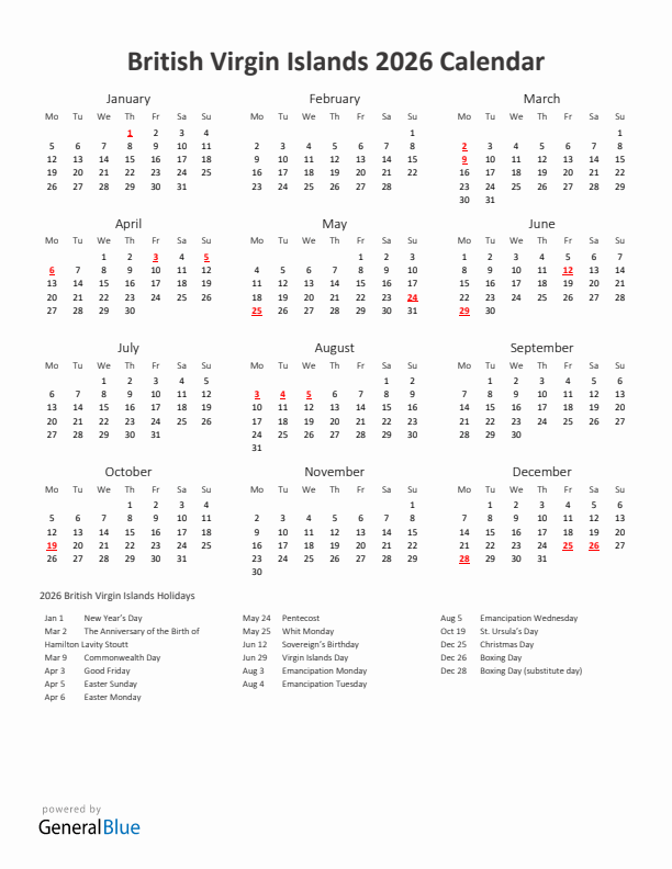 2026 Yearly Calendar Printable With British Virgin Islands Holidays