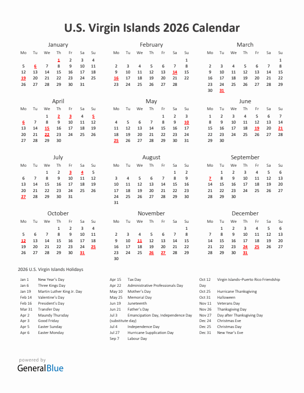 2026 Yearly Calendar Printable With U.S. Virgin Islands Holidays