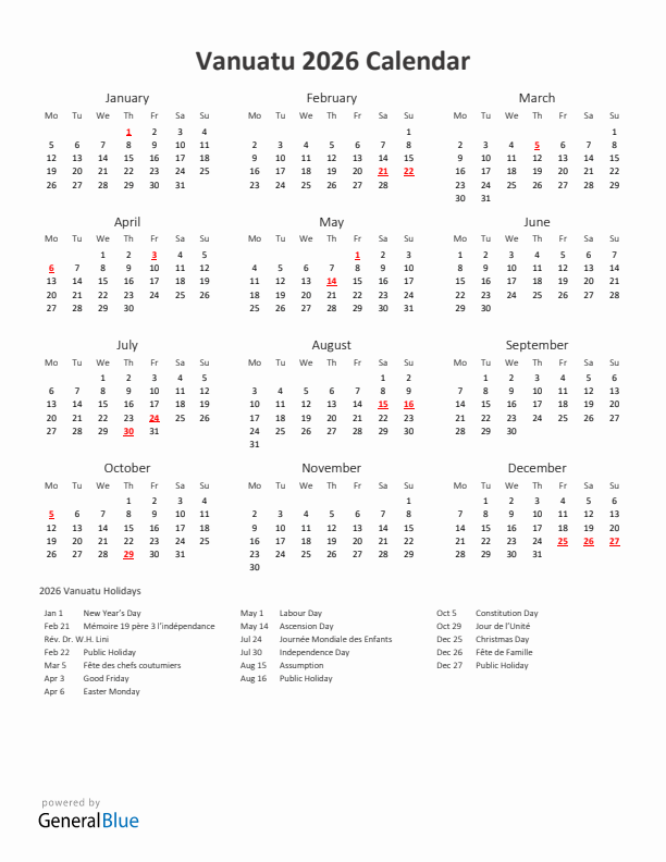 2026 Yearly Calendar Printable With Vanuatu Holidays