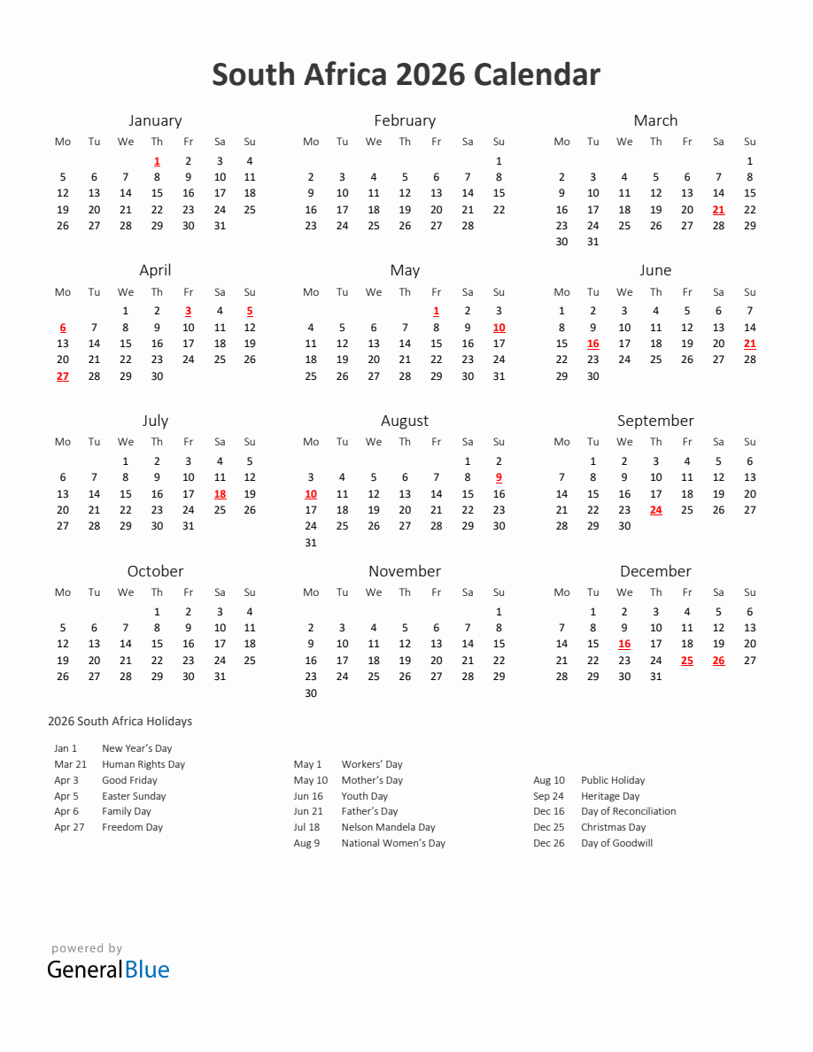 2026 Yearly Calendar Printable With South Africa Holidays - Monday Start