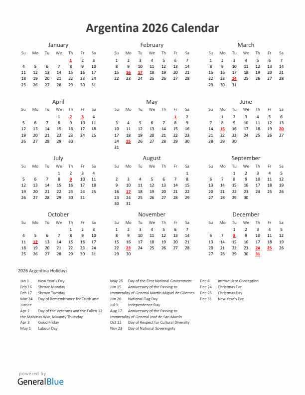 2026 Yearly Calendar Printable With Argentina Holidays