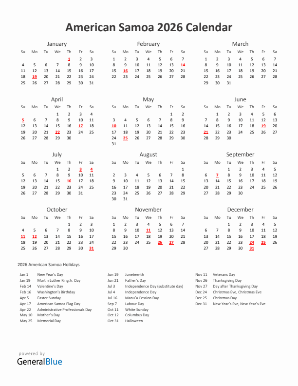 2026 Yearly Calendar Printable With American Samoa Holidays