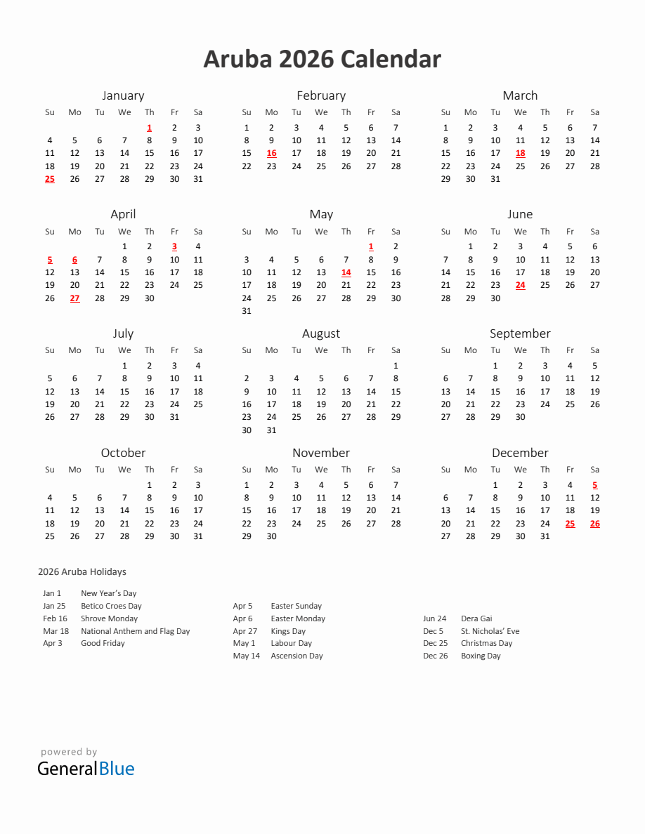 2026 Yearly Calendar Printable With Aruba Holidays