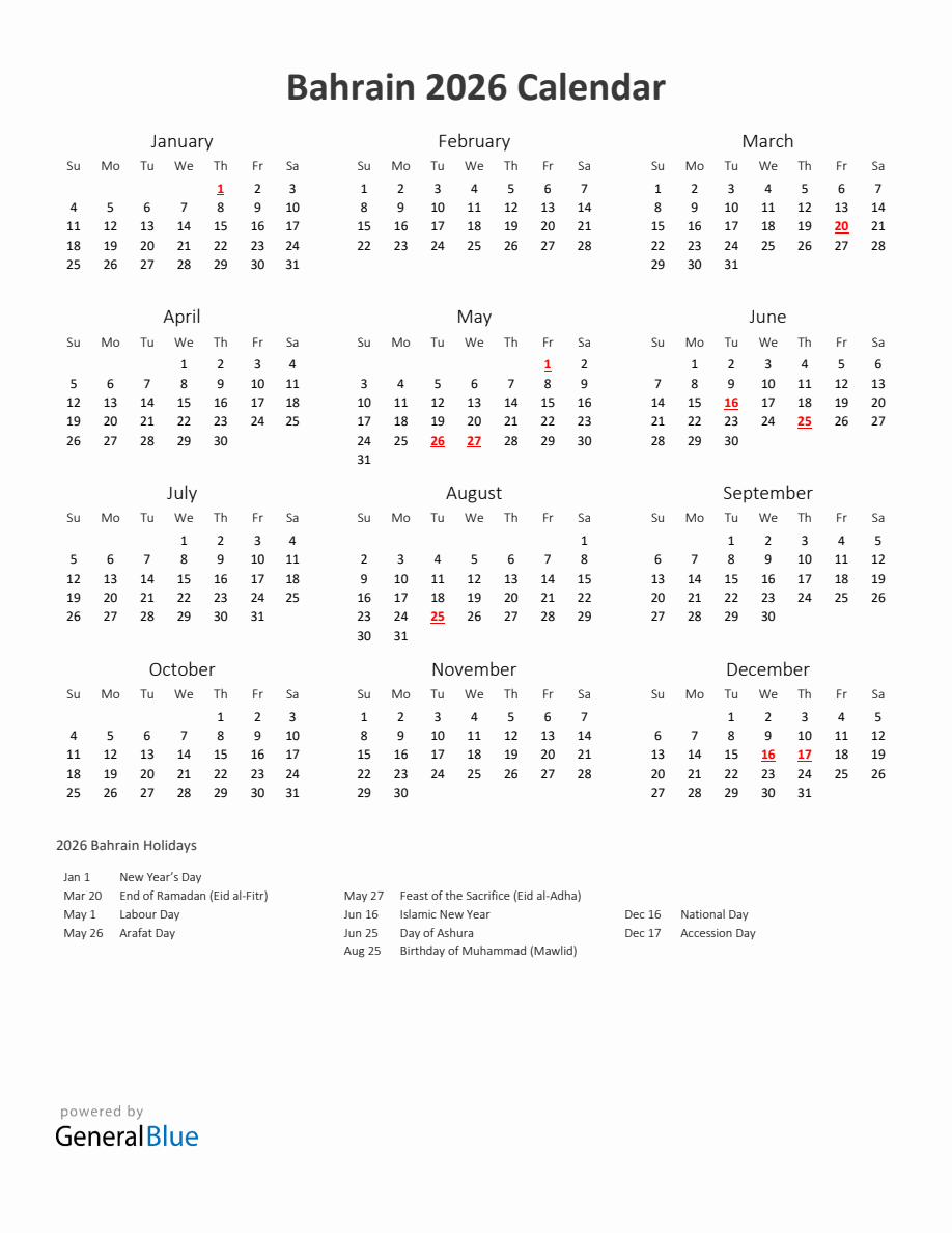 2026 Yearly Calendar Printable With Bahrain Holidays