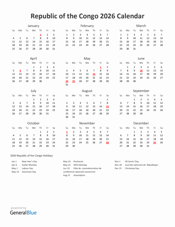 2026 Yearly Calendar Printable With Republic of the Congo Holidays