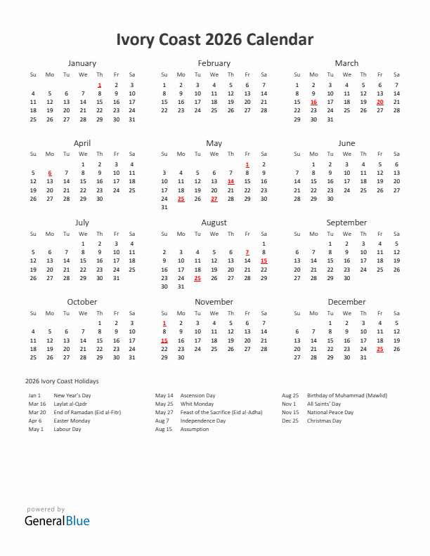 2026 Yearly Calendar Printable With Ivory Coast Holidays