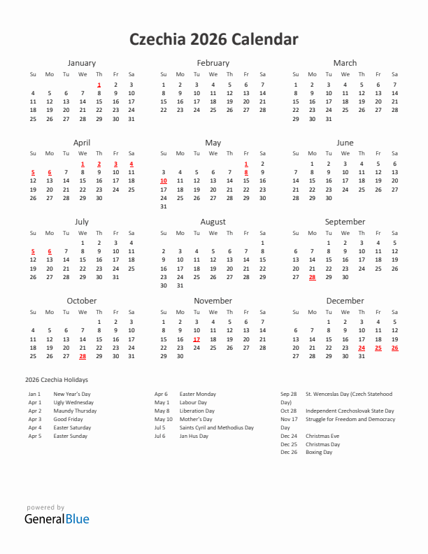 2026 Yearly Calendar Printable With Czechia Holidays
