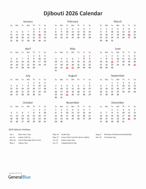 2026 Yearly Calendar Printable With Djibouti Holidays