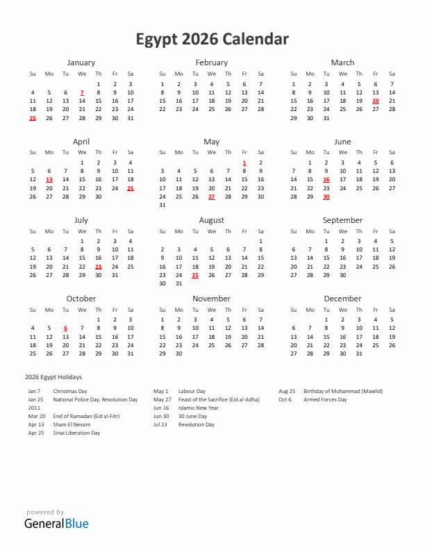 2026 Yearly Calendar Printable With Egypt Holidays