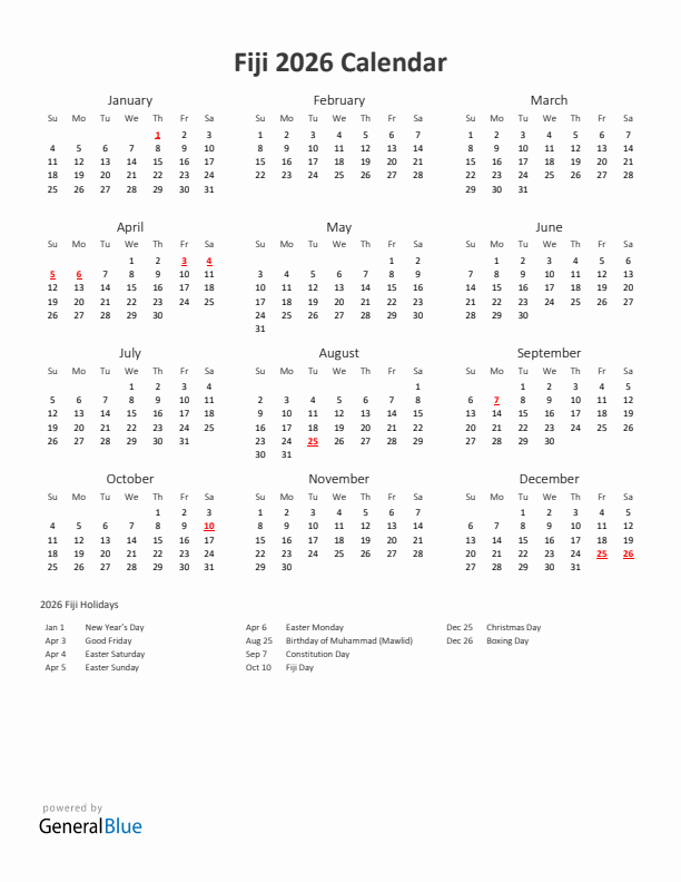 2026 Yearly Calendar Printable With Fiji Holidays