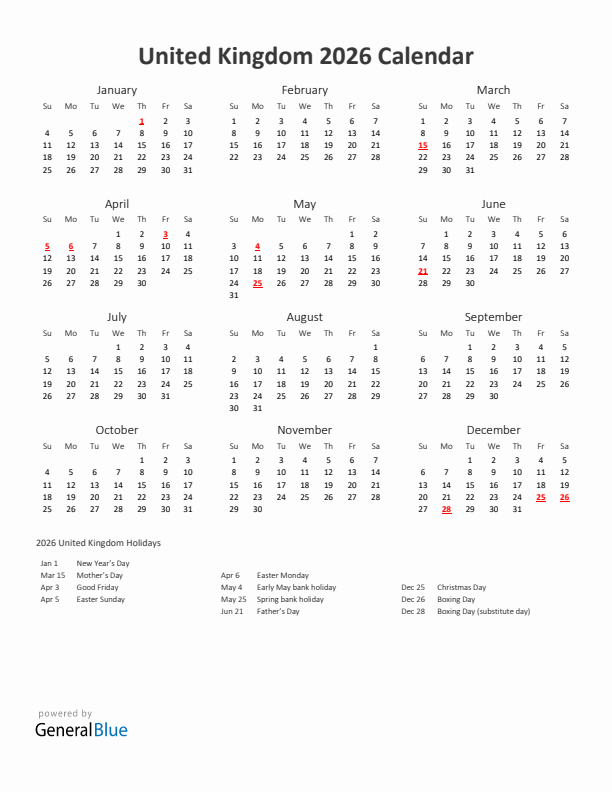 2026 United Kingdom Calendar With Holidays