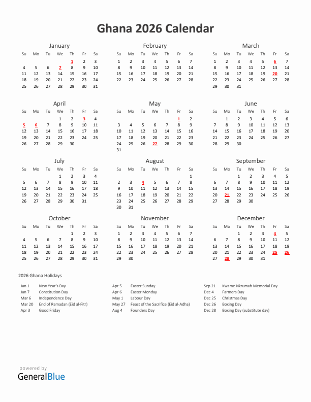 2026 Yearly Calendar Printable With Ghana Holidays
