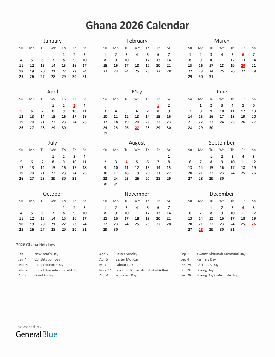 2026 Yearly Calendar Printable With Ghana Holidays