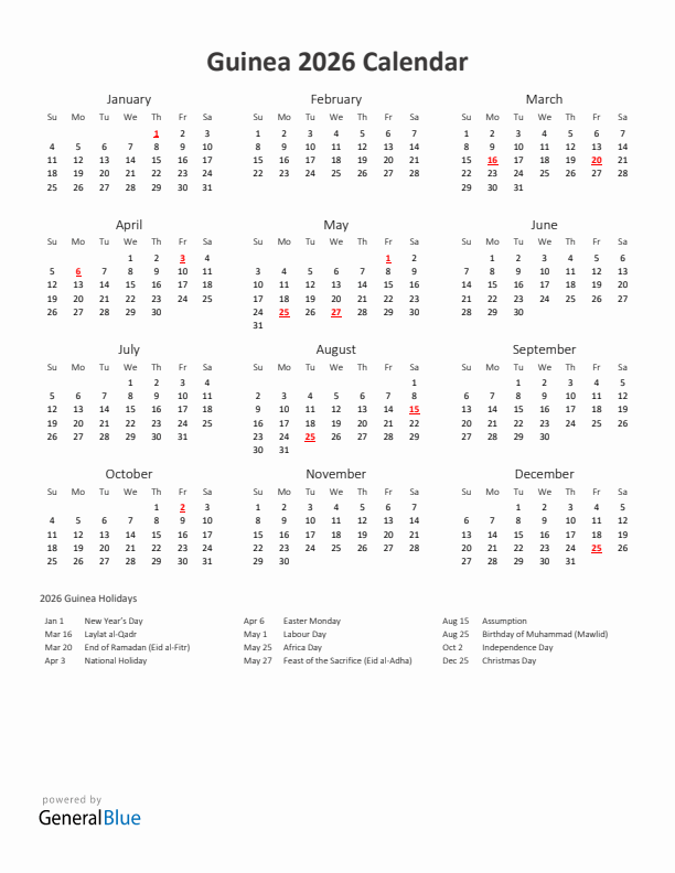 2026 Yearly Calendar Printable With Guinea Holidays