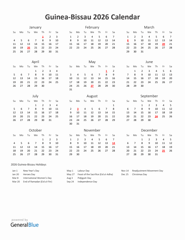 2026 Yearly Calendar Printable With Guinea-Bissau Holidays