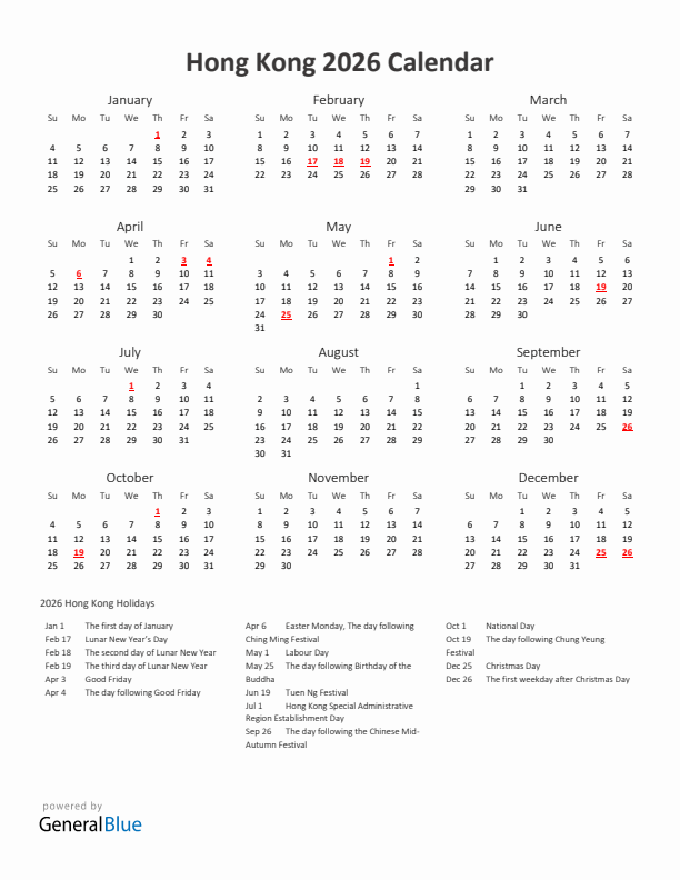 2026 Yearly Calendar Printable With Hong Kong Holidays