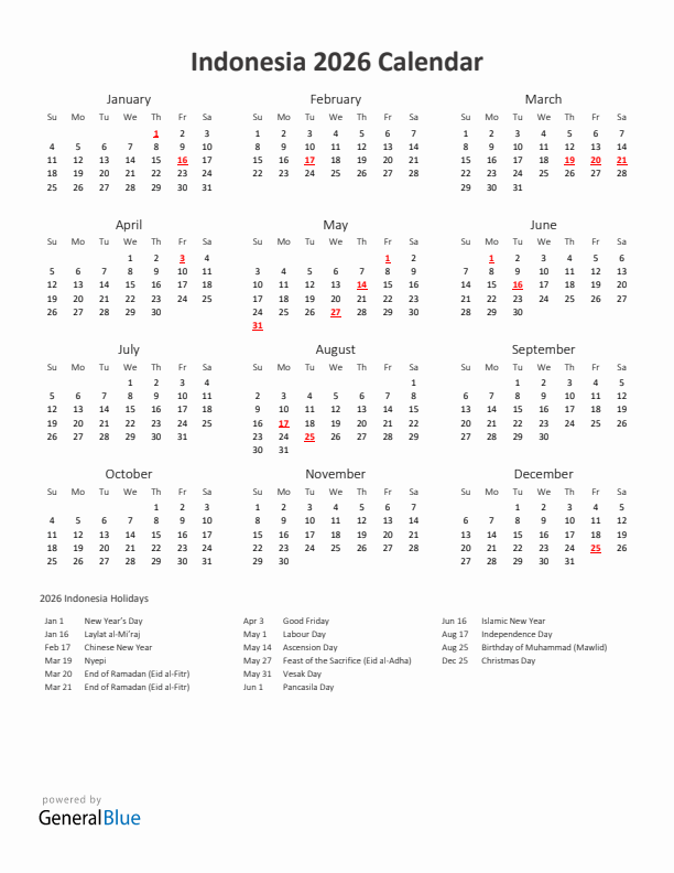 2026 Yearly Calendar Printable With Indonesia Holidays