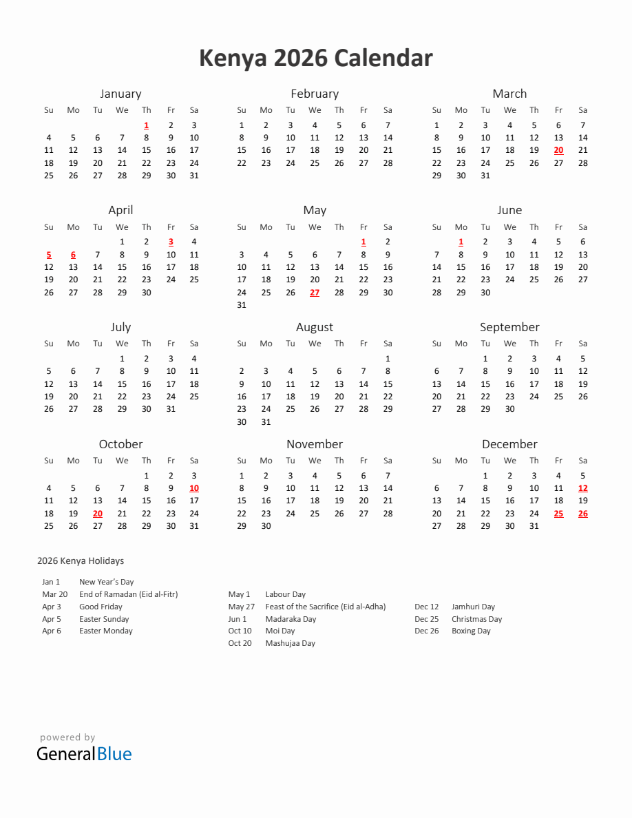  2026 Yearly Calendar Printable With Kenya Holidays Illustration 