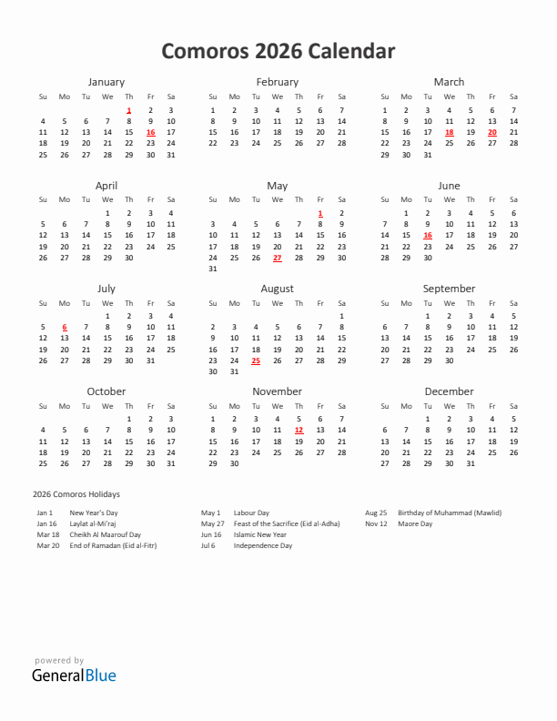 2026 Yearly Calendar Printable With Comoros Holidays
