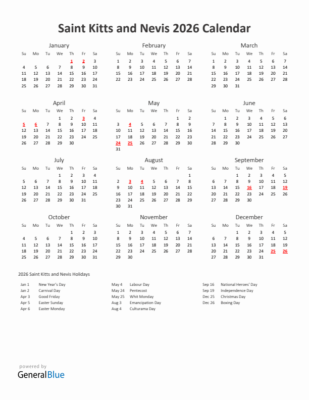 2026 Yearly Calendar Printable With Saint Kitts and Nevis Holidays