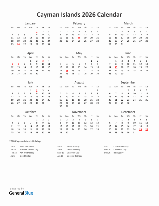 2026 Yearly Calendar Printable With Cayman Islands Holidays