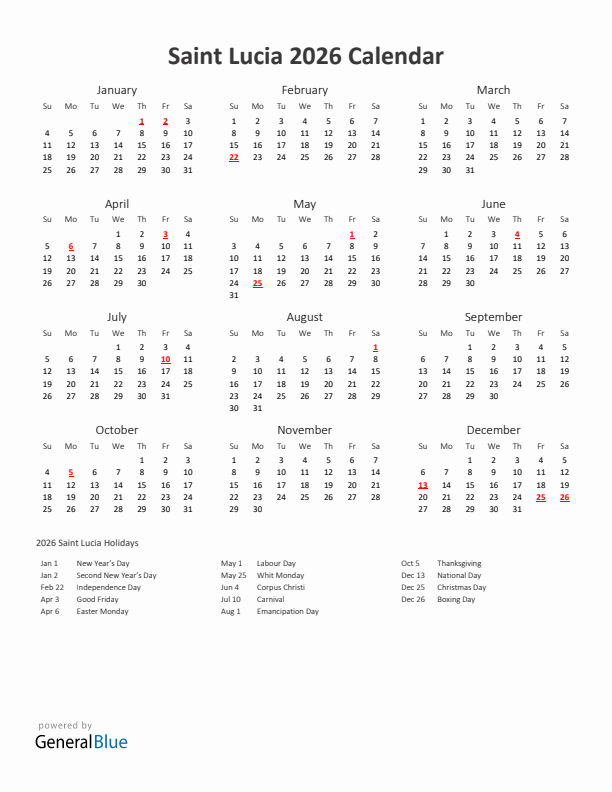 2026 Yearly Calendar Printable With Saint Lucia Holidays