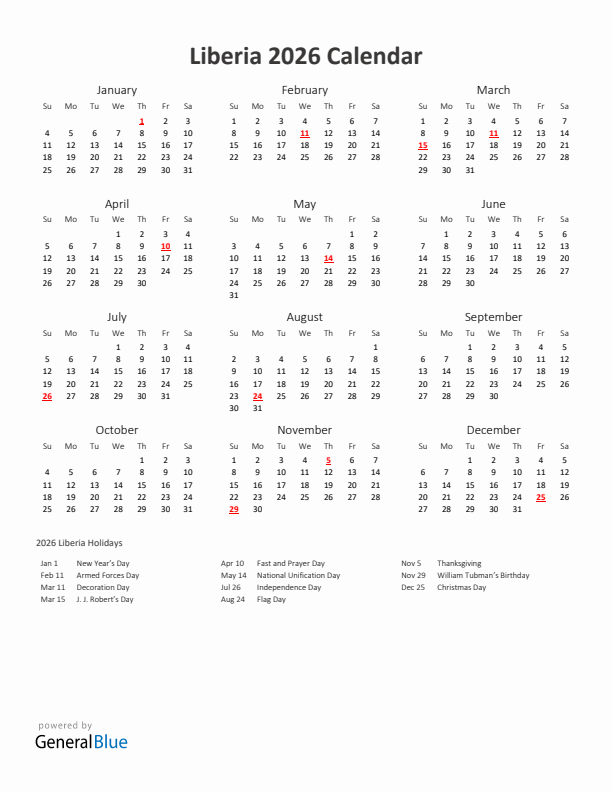 2026 Yearly Calendar Printable With Liberia Holidays